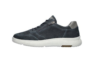 Navy blue sneaker with white sole on a white background