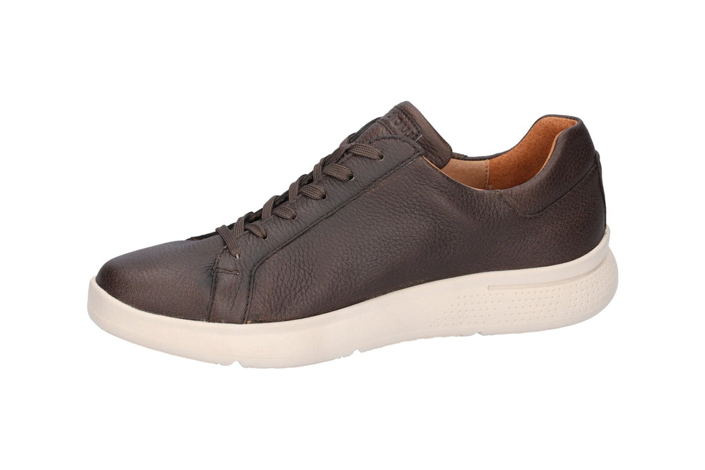 Brown leather sneaker with white sole on a white background
