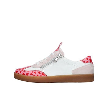 White sneaker with pink and red accents on a white background