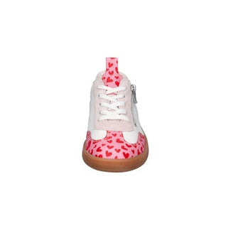 White sneaker with pink and red accents on a white background