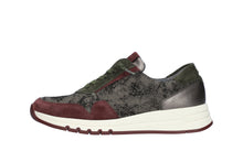 Load image into Gallery viewer, Sneaker with maroon and gray design on a white background

