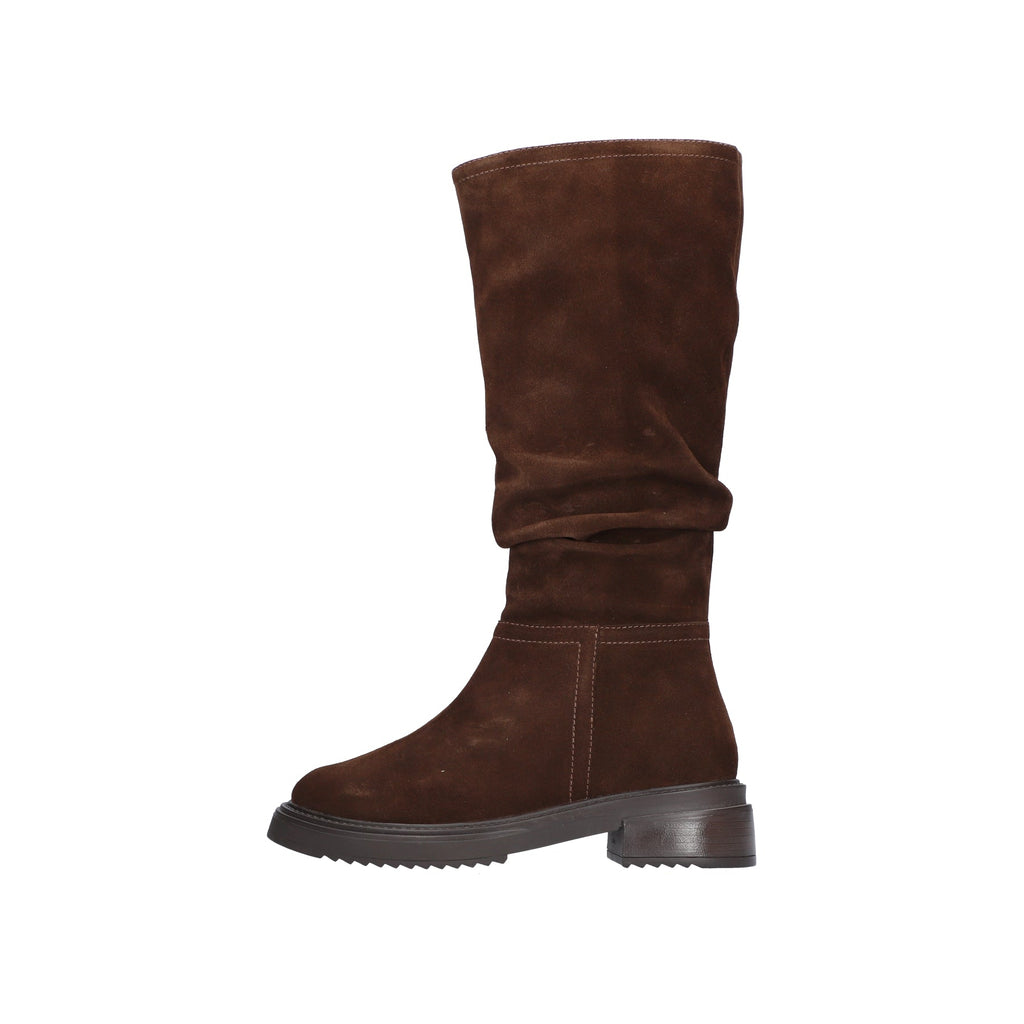 A single mid-calf brown suede boot shown in profile against a plain white background.