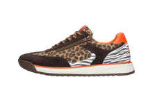 Load image into Gallery viewer, A low-top sneaker featuring a leopard print upper, black suede overlays, a zebra print heel panel, a white midsole, and bright orange accents on the tongue and heel.
