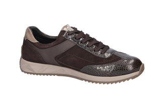 brown leather shoe with leopard print pattern on a white background
