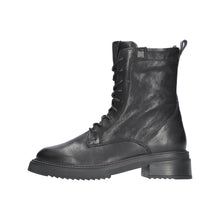 Load image into Gallery viewer, A single black leather lace-up ankle boot with a chunky lug sole and low block heel, shown in profile against a plain white background.
