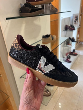 Victoria Black Leather & Glitter Trainer|1126223NE