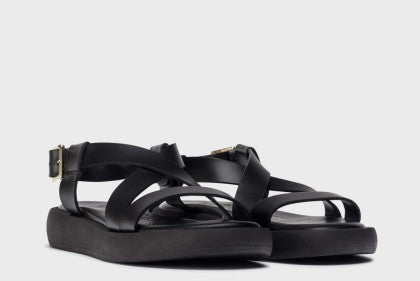 Black sandals on a light gray background