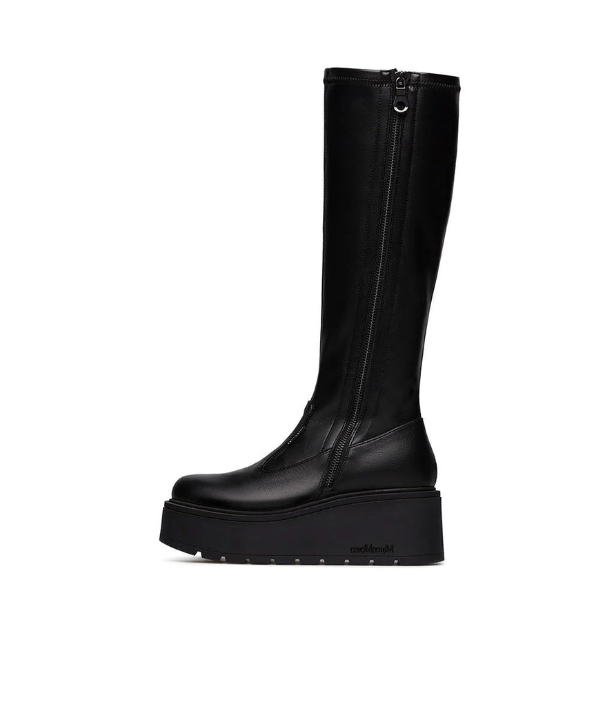Black knee-high platform boot on a white background