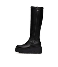 Load image into Gallery viewer, Black knee-high platform boot on a white background
