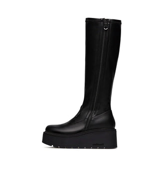 Black knee-high platform boot on a white background