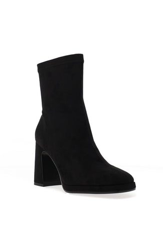 Black ankle boot with a block heel on a white background
