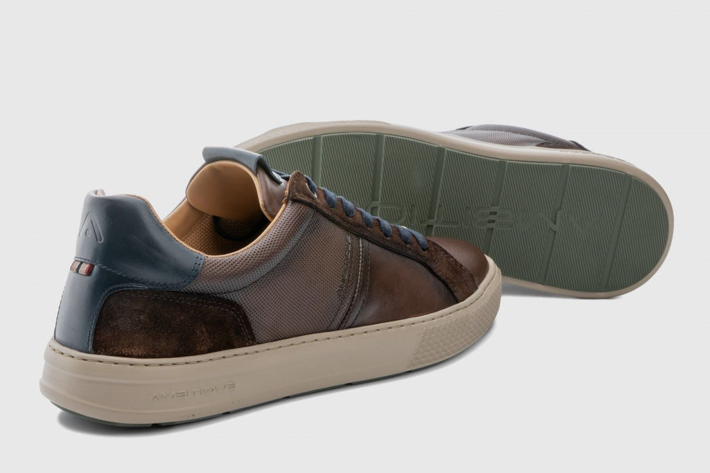 Brown and blue sneaker on a light gray background