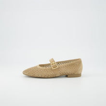 Load image into Gallery viewer, Beige flat shoe with a gold buckle on a white background
