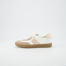 Load image into Gallery viewer, White and beige sneaker with a light brown sole on a white background
