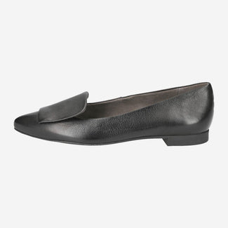 Black loafer shoe with a gold buckle on a white background