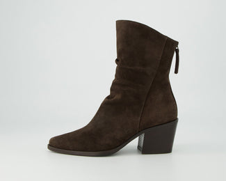 Brown suede ankle boot on a light gray background