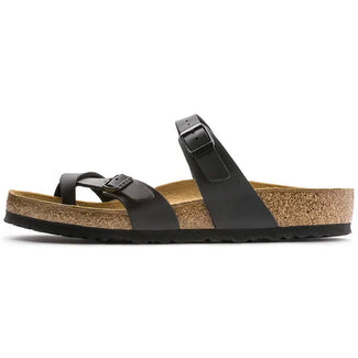 Black sandal with cork sole on a white background