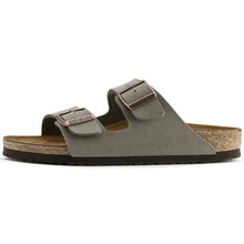 Load image into Gallery viewer, Gray sandal with brown buckles on a white background
