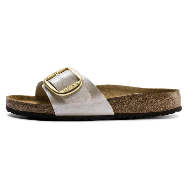 Birkenstock sandal with a white strap and gold buckle on a white background