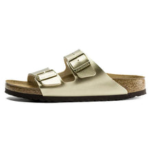 Load image into Gallery viewer, Gold sandal with a strap on a white background
