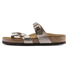 Load image into Gallery viewer, Silver sandal with cork sole on a white background
