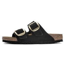 Load image into Gallery viewer, Black sandal with cork sole on a white background

