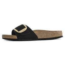 Load image into Gallery viewer, Black sandal with cork sole on a white background
