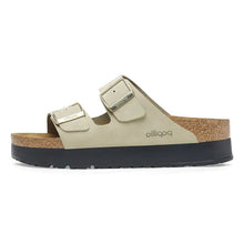 Load image into Gallery viewer, green sandal with cork sole on a white background
