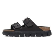 Load image into Gallery viewer, Black sandal with cork sole on a white background
