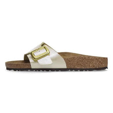 Load image into Gallery viewer, White sandal with gold buckle on a white background
