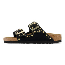 Load image into Gallery viewer, Black sandals with gold buckles on a white background
