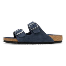 Load image into Gallery viewer, Navy sandal with cork sole on a white background

