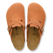 Load image into Gallery viewer, Pair of orange suede shoes with 'Birkenstock' branding on a white background
