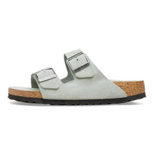 Load image into Gallery viewer, Green sandal with cork sole on a white background
