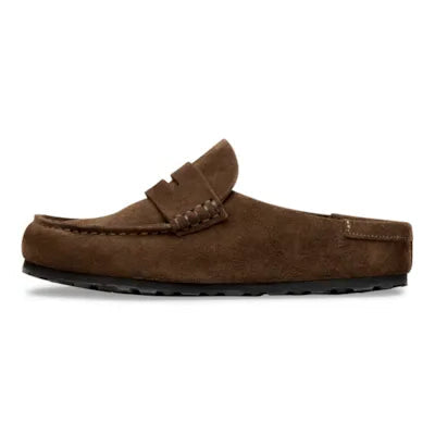 Brown suede loafer on a white background