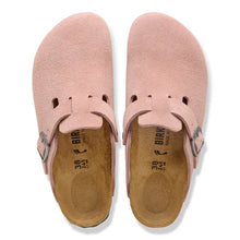 Load image into Gallery viewer, Pair of pink suede clogs with brown soles on a white background
