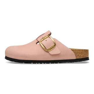 Pink clog sandal with gold buckle on a white background