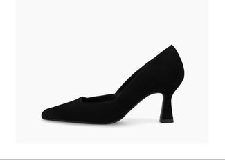 A single black pointed-toe pump with a mid-height kitten heel, shown in profile against a clean white background.