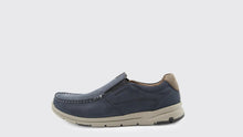 Load image into Gallery viewer, Navy blue shoe with beige accents on a white background
