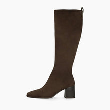 Load image into Gallery viewer, A single knee-high brown suede boot with a block heel and pointed toe, shown in profile against a plain white background.
