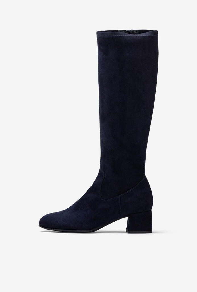 Navy blue knee-high boot on a white background