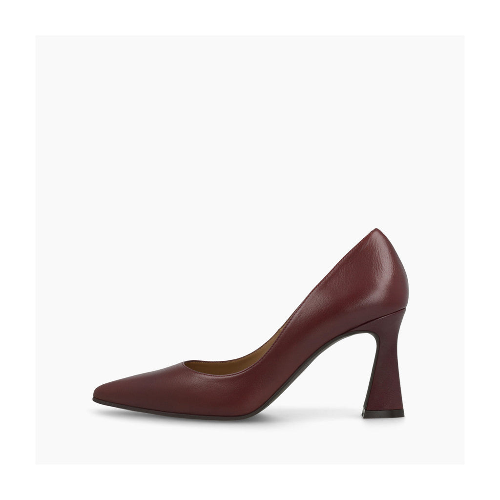 A single burgundy leather pump with a pointed toe and a flared block heel, shown in profile against a plain white background.