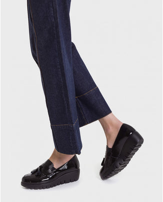 Wonders Black Patent Wedge Tassle Slip On| C33342NEG