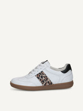 Load image into Gallery viewer, White sneaker with leopard print accent on a light gray background
