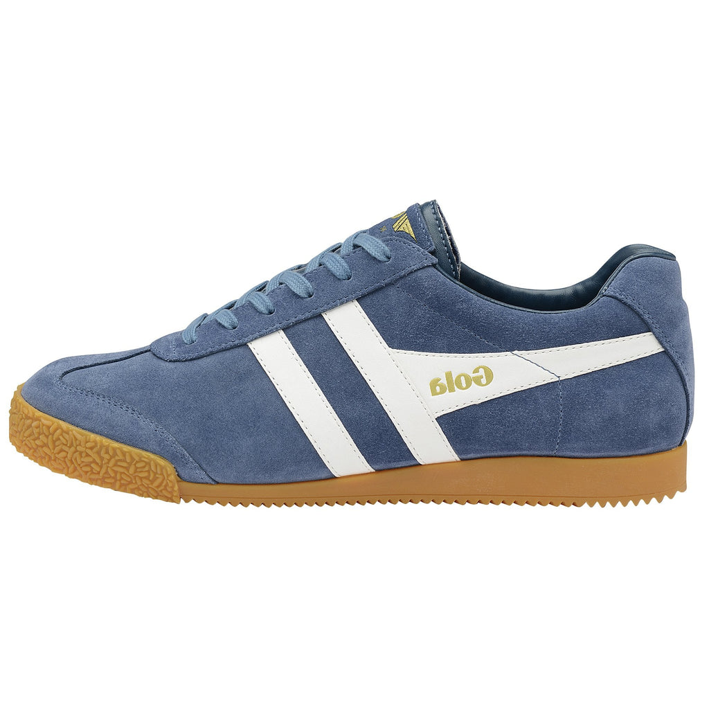 Blue Gola sneaker with white stripes on a white background