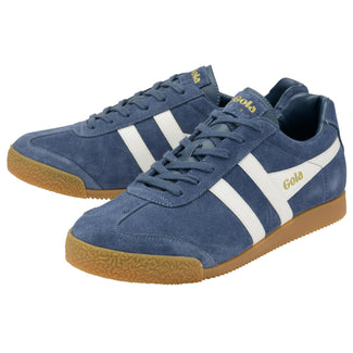 Blue Gola sneaker with white stripes on a white background