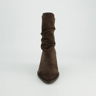 Brown suede ankle boot on a light gray background