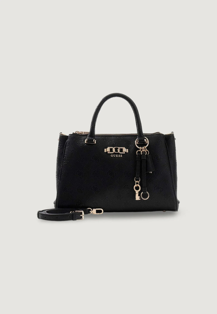 Black handbag with gold accents on a light gray background