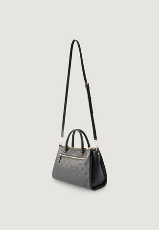 Black handbag with gold accents on a light gray background