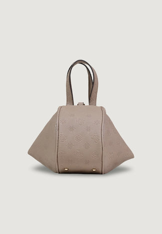 Beige handbag with a brand logo on a light gray background